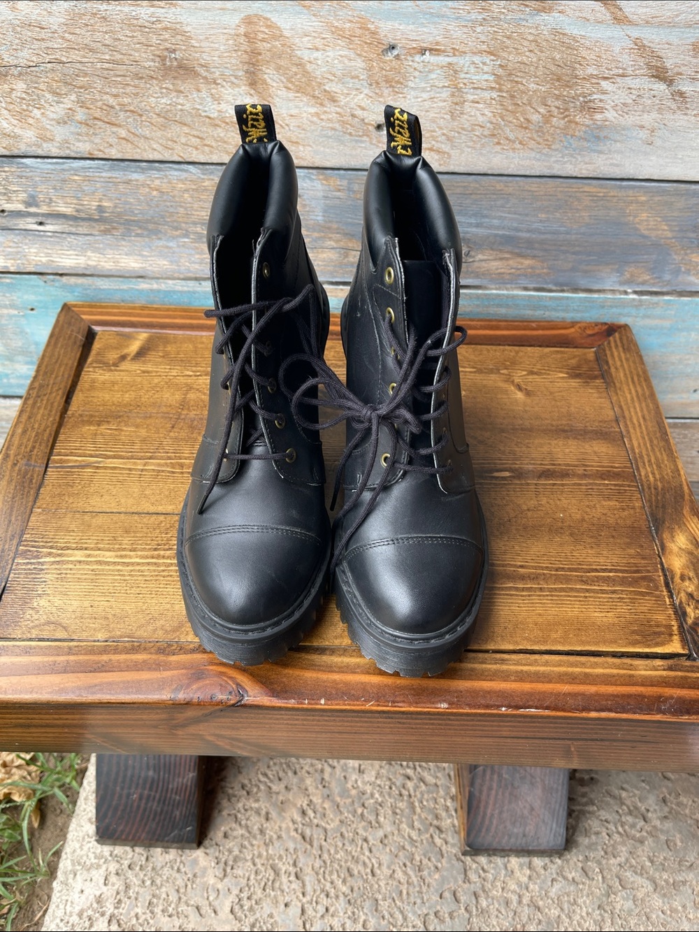 Dr. Martens Averil Black Leather Heeled Platform Combat Boots 6